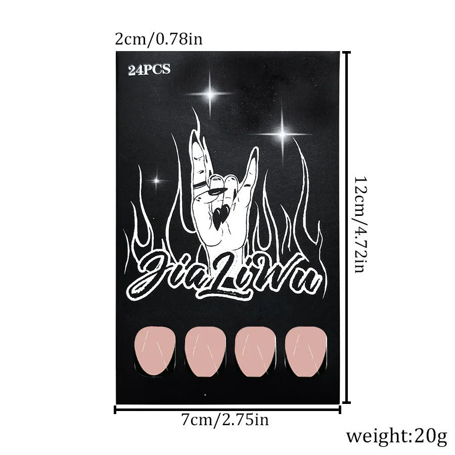 24 black French style artificial nails with almond shaping in J049 colour