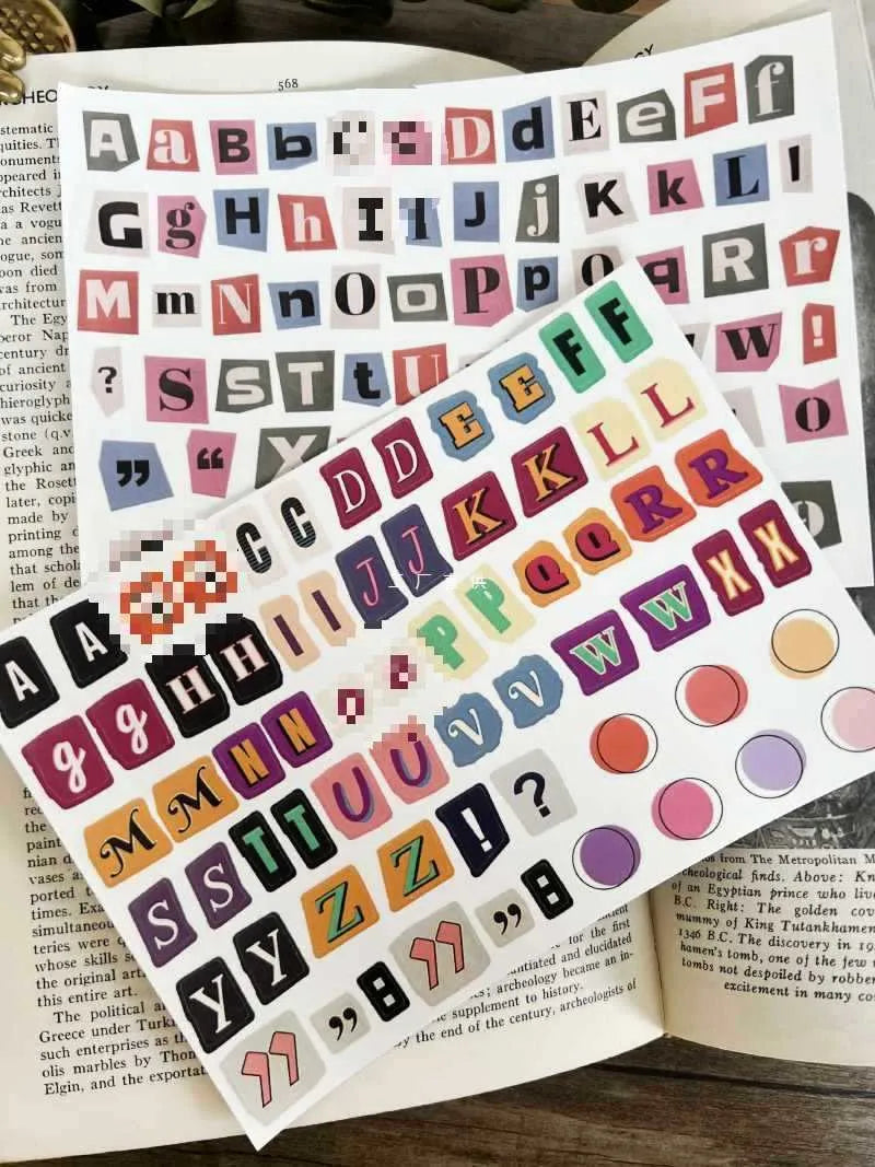 Set of English letter and number stickers with weekly words in printed cute style for crafts