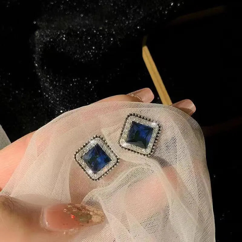Blue geometric square diamond inlay earrings for women, Korean fashion sweet cool style, zinc alloy