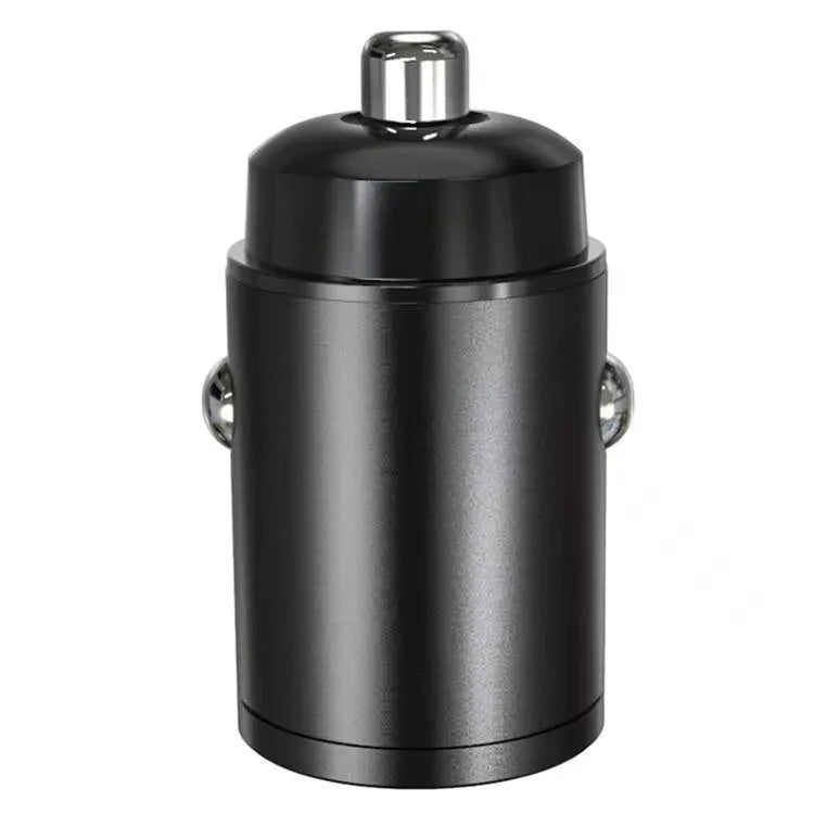 Small black zinc alloy 30W USB-C car charger for cigarette lighter socket with PD and QC fast charging.