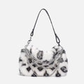Plush luxury-style chain bag in apricot with leopard print and gold-tone chain, horizontal rectangular shape, soft texture.