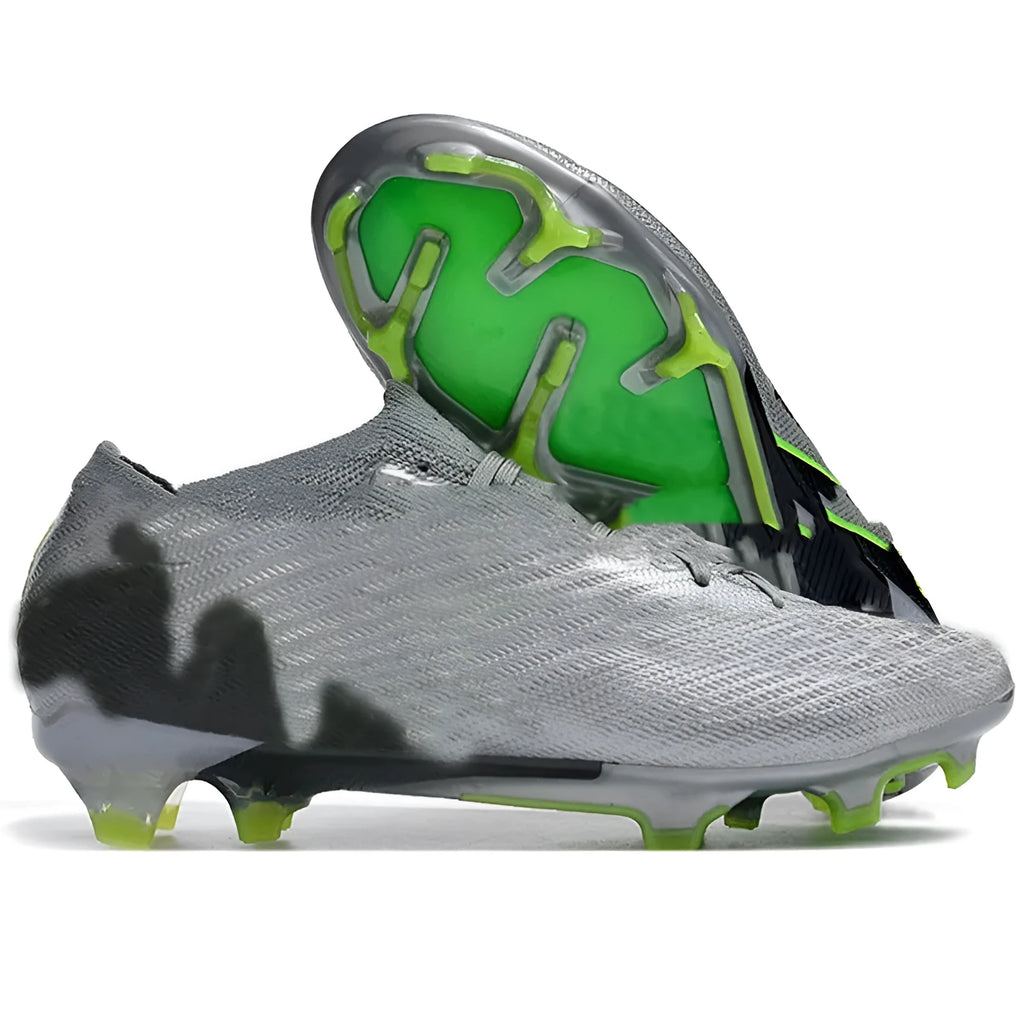 Men's low-top football shoes with knitted upper, rubber outsole with FG studs, shown in a front lace-up style.
