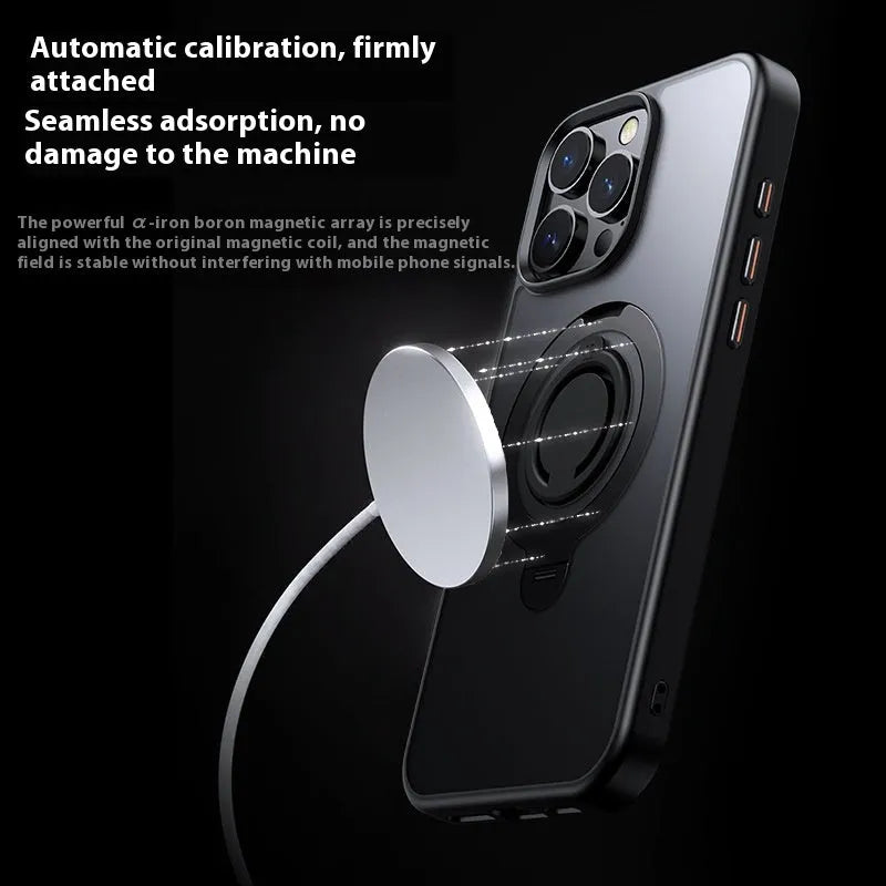 Frosted phone case for Apple iPhone with pull ring bracket and magnetic suction in matte black colour