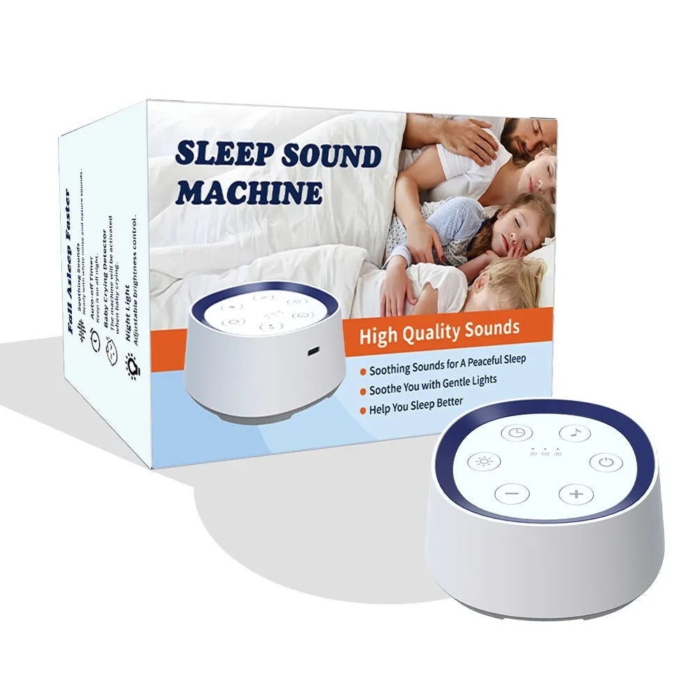 White rechargeable baby crying induction night light with timer and music function on a wooden shelf