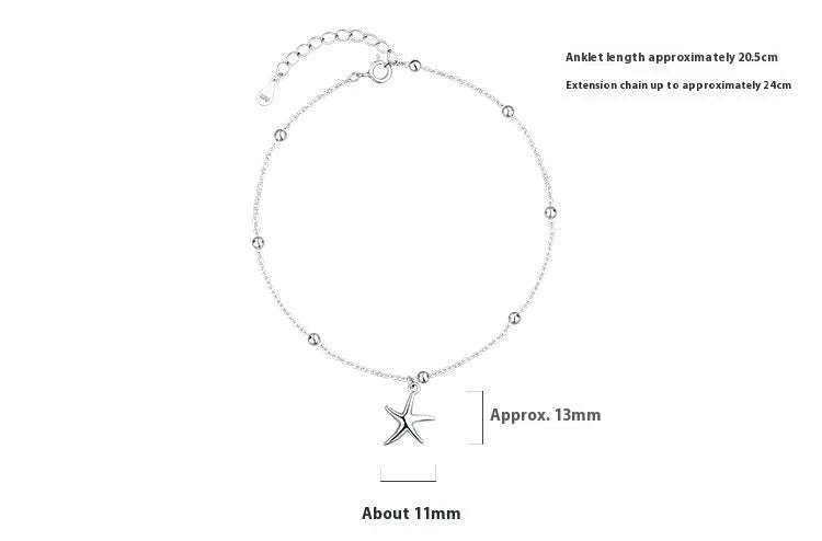S925 sterling silver adjustable starfish anklet with round beads on an ankle, showing the 1.2 cm charm detail.