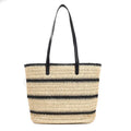 Large striped straw woven handbag with 64cm shoulder strap and polyester lining, shown in khaki or black