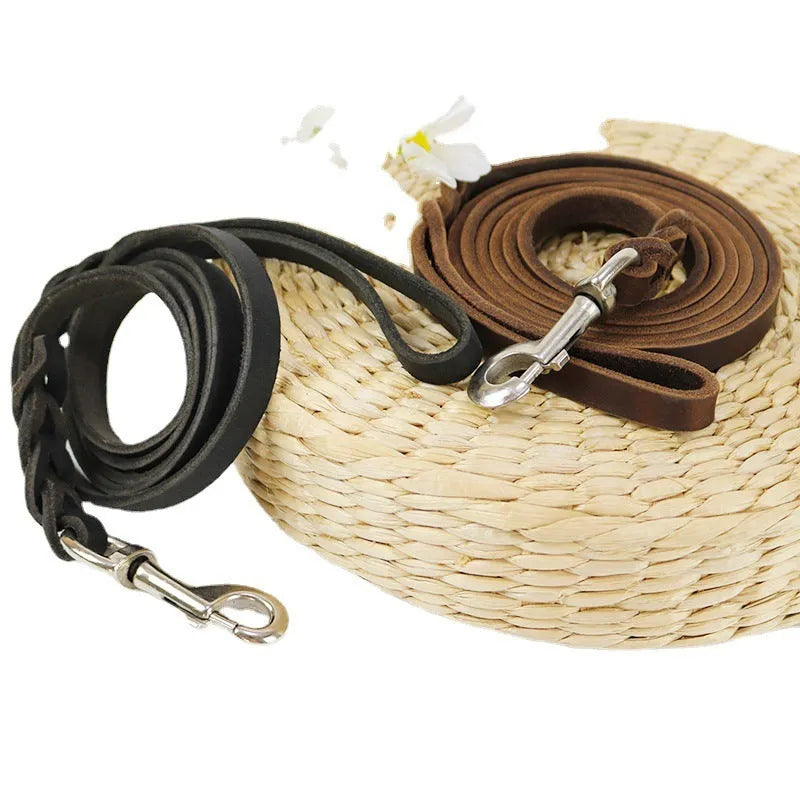 Cowhide leather dog lead rope for medium to large breeds showing thickened hand grip section