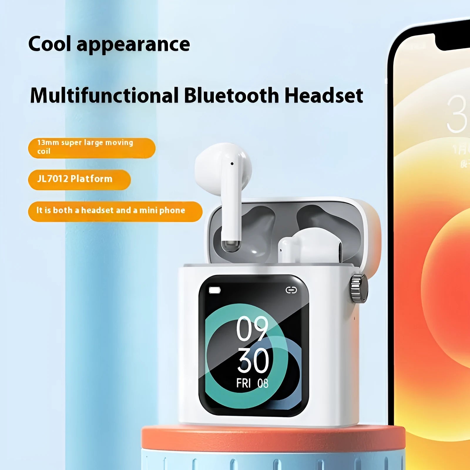Bluetooth wireless TWS earbuds with large digital display charging case in black and white options