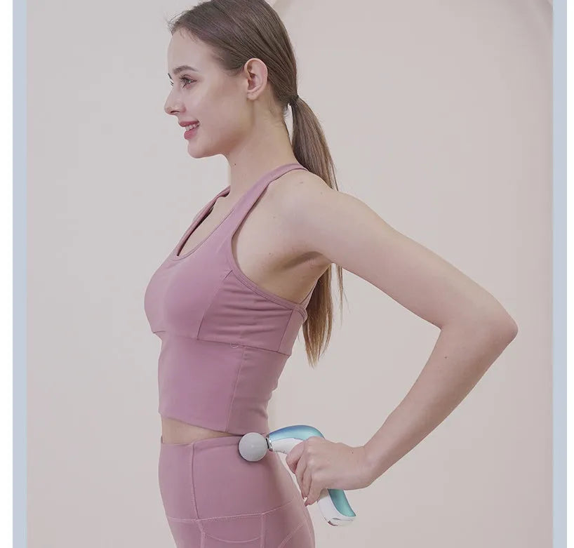 Mini electric massage gun with three heads in pink, star grey, and white, USB rechargeable