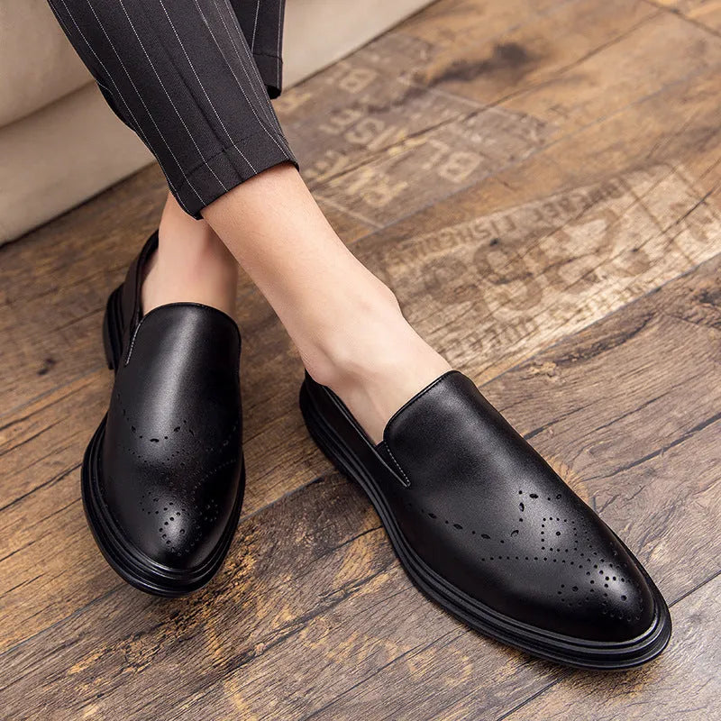 Big size men's slip-on loafers with pointed toe, black artificial PU upper and PU sole side view