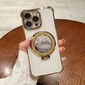 Glitter mirror magnetic bracket phone case for iPhone 16 in black, showing bracket and mirror finish.