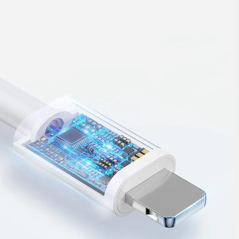 Grey Apple Lightning to USB fast-charge cable shown in 1m, 2m, and 3m lengths.