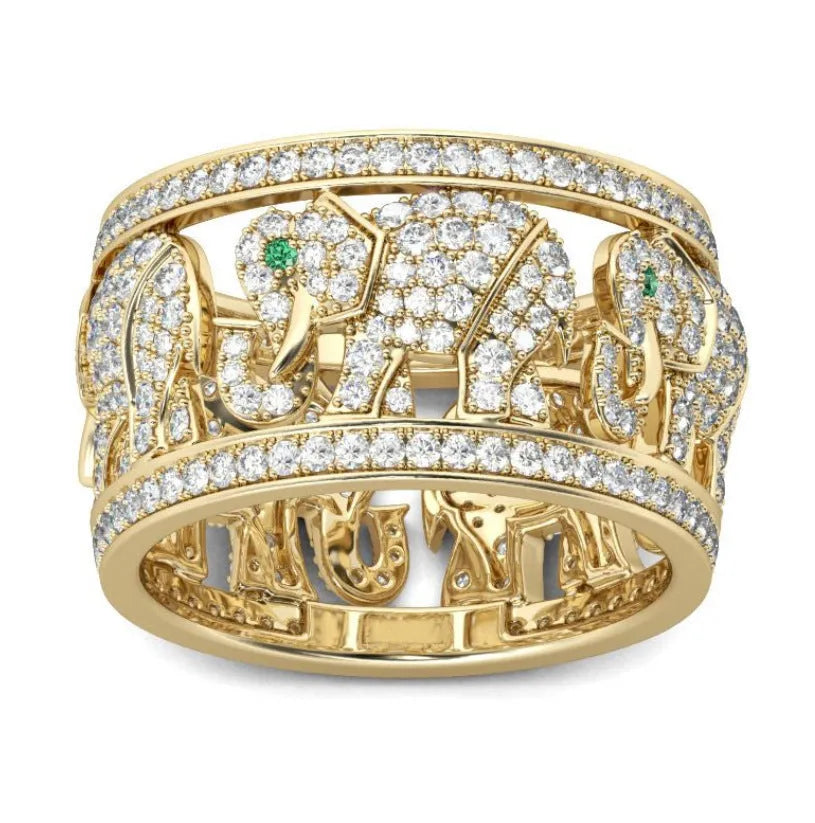 Alloy elephant ring with diamond detailing in gold or silver colour on finger