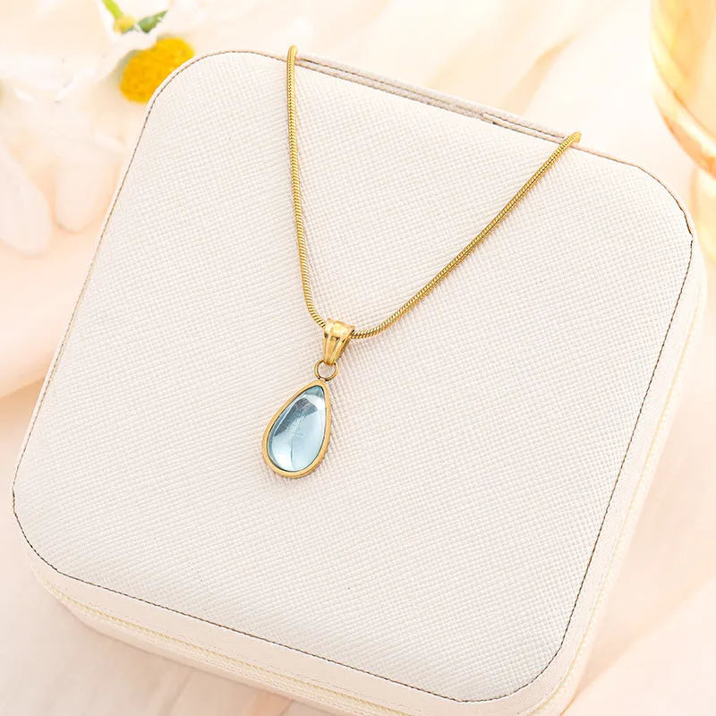 Sky blue titanium steel water drop pendant necklace on adjustable O-ring chain for women