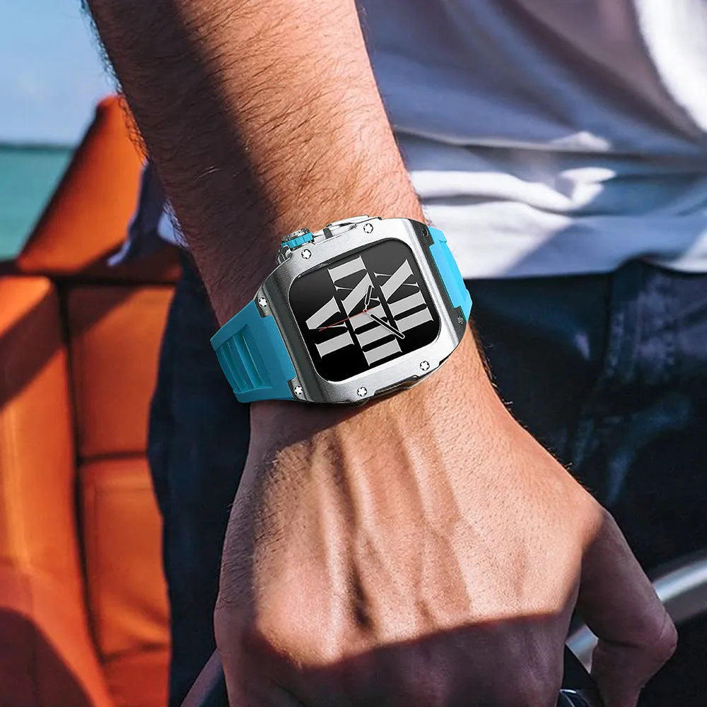 Stainless steel protective case strap with black fluororubber band and rose gold metal frame for Apple Watch 44mm