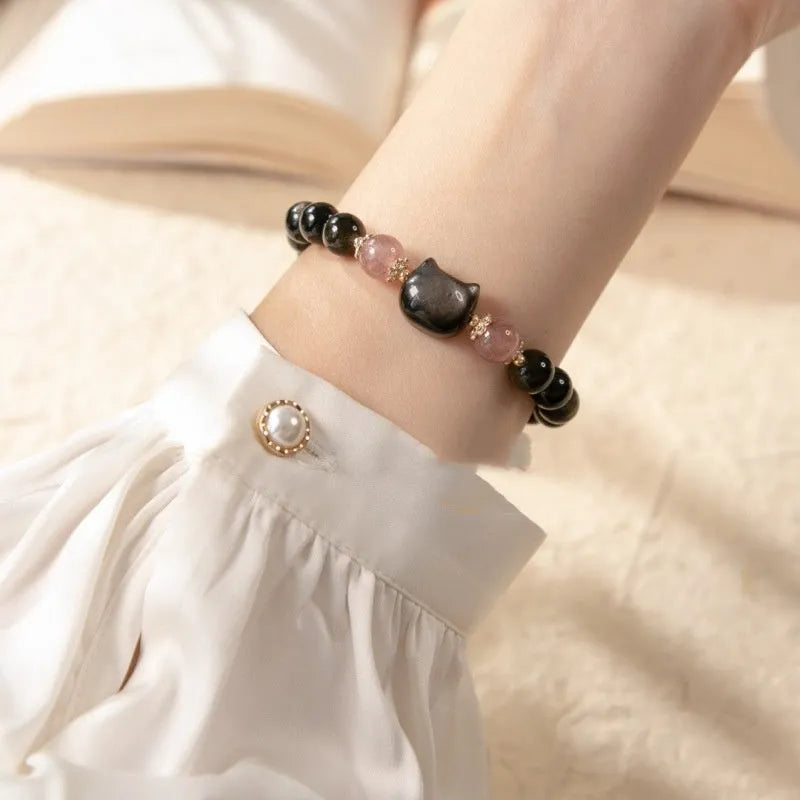 Black obsidian bracelet with 8mm beads and kitty charms in single circle design