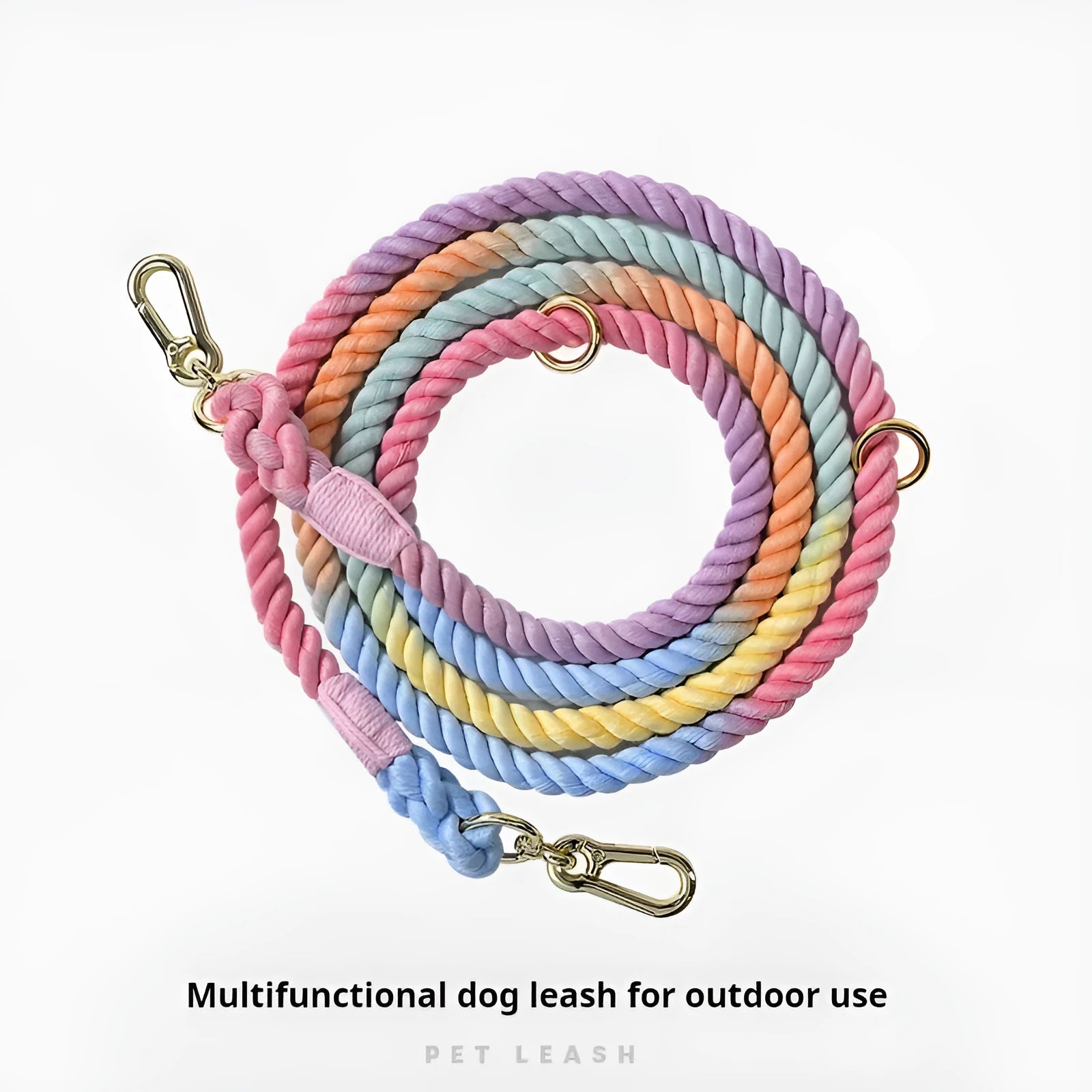 Woven rainbow pattern double-headed dog leash with metal fittings shown alongside mint green and blue purple colour options