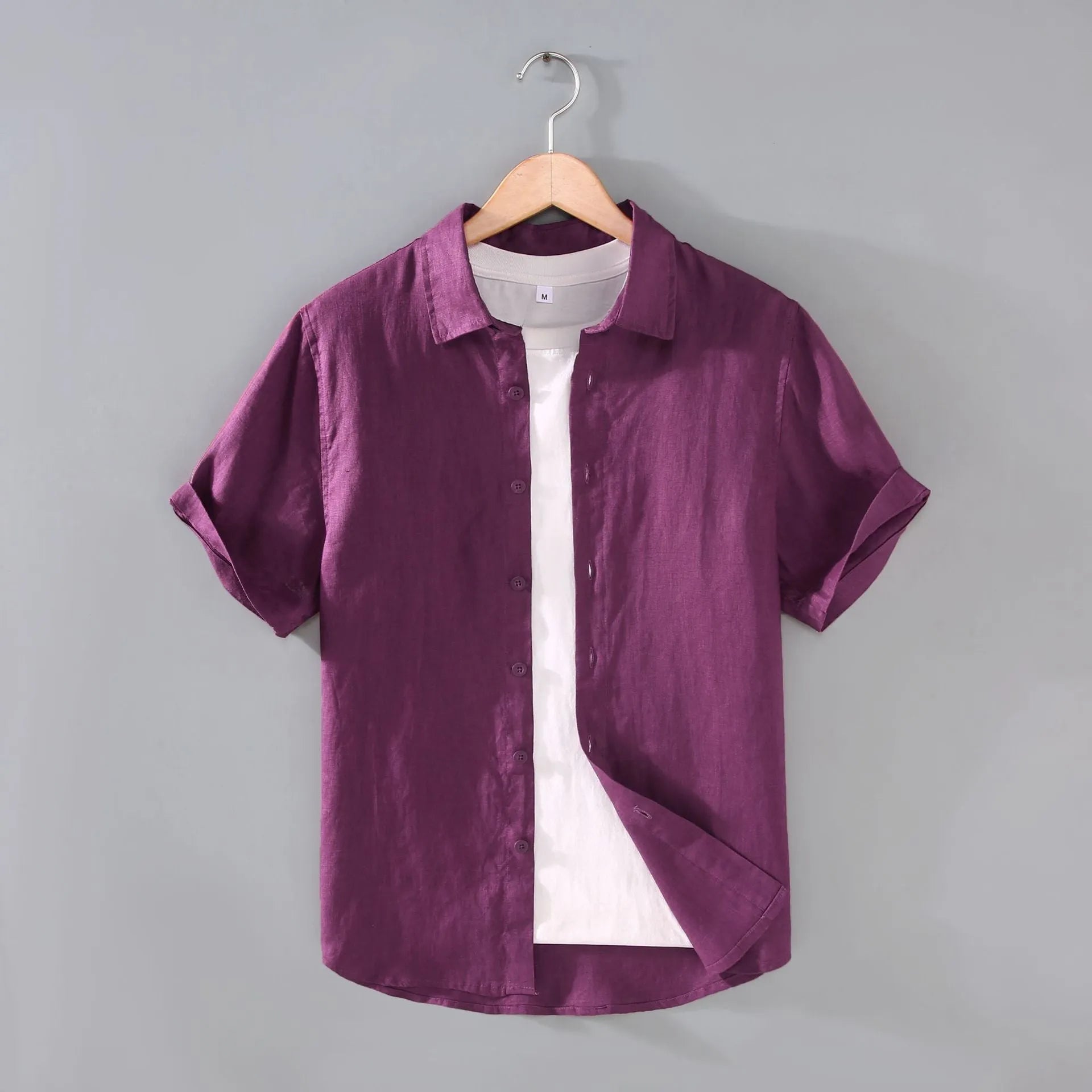 Men's youth short-sleeved linen shirt in cardigan style with regular fit