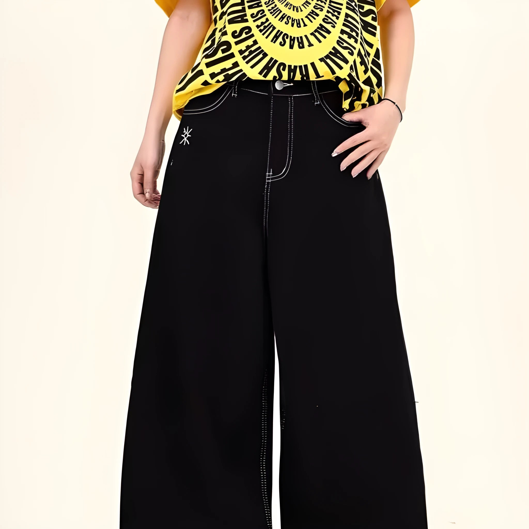 Black personalised letter jeans mid waist cotton denim hip hop trousers zip placket