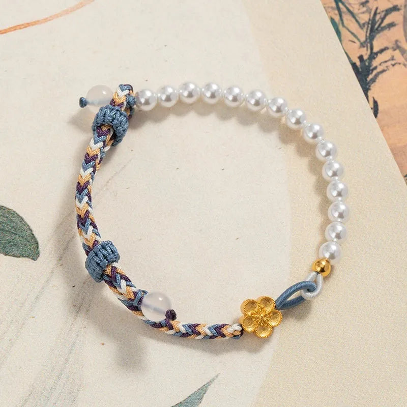 Sterling silver chalcedony Chinese flower weaving bracelet with peach colour cord and pearl floral elements