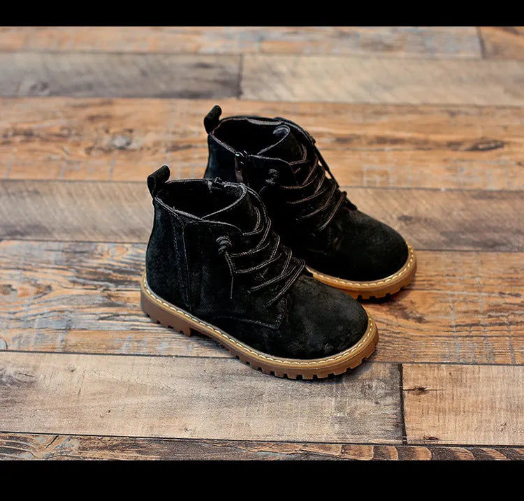 Black children's single boots with sheepskin upper and beef tendon sole, sizes 21-37, autumn footwear