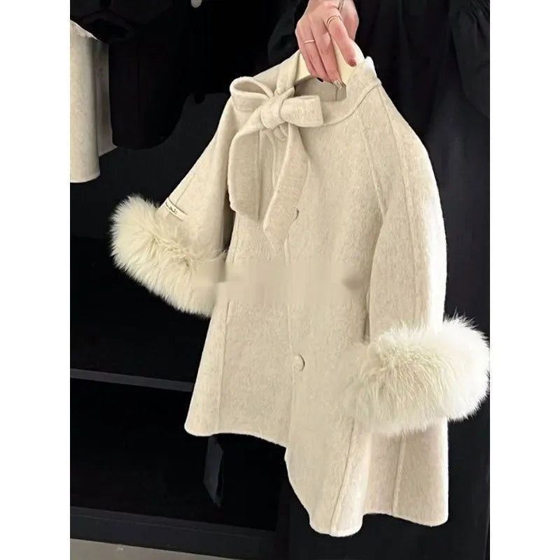 Beige baby girl coat autumn winter polyester single-breasted mid-length long sleeves suitable height 100-150cm no hood