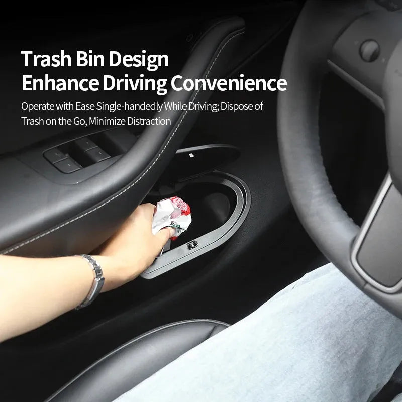 Two black ABS plastic storage bins designed for Tesla Model Y front door pockets.