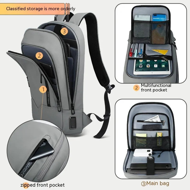Gray business lightweight multifunctional backpack with USB port for men, Oxford cloth, solid colour
