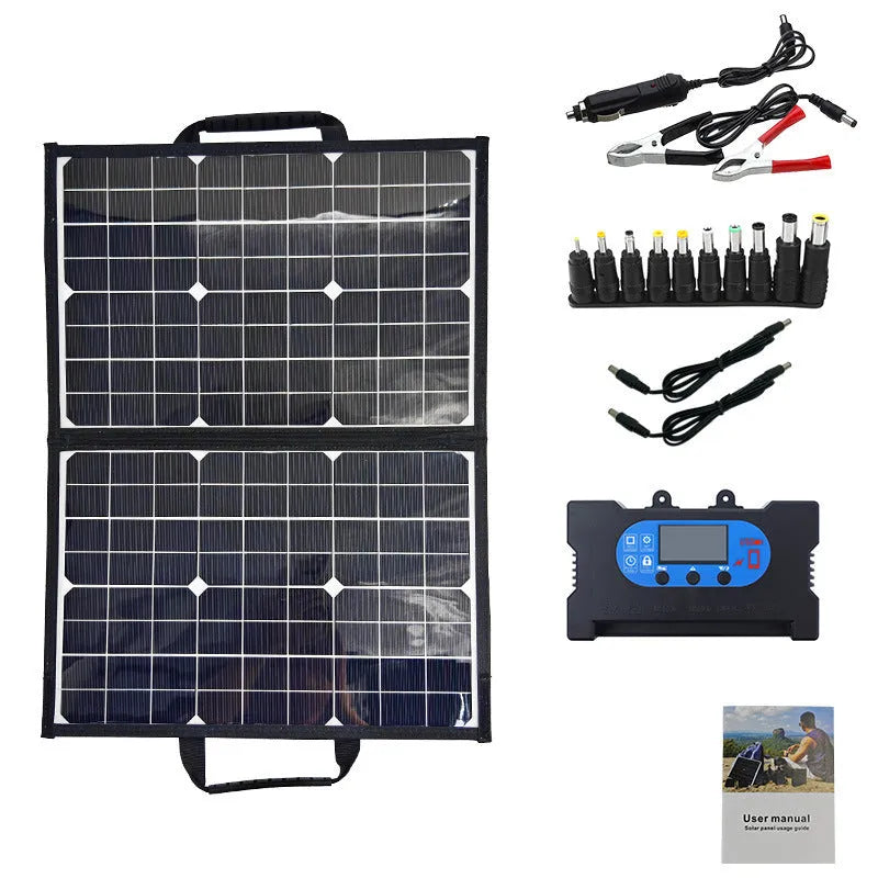 Black polyester folding bag containing a 40W single-crystal solar panel for portable outdoor charging