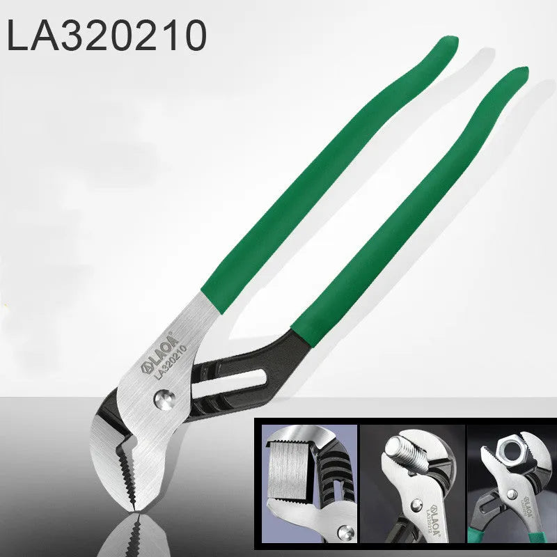 Adjustable CR-V steel pipe wrench with viscous plastic handle, shown in various sizes on a workbench.
