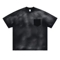 Black men's loose fit cotton t-shirt with printed letter pattern and drop shoulder sleeves