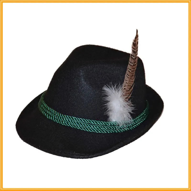 Velvet fedora hat with turkey feather trim in brown and black, showing structured crown and brim, 30x26x14cm