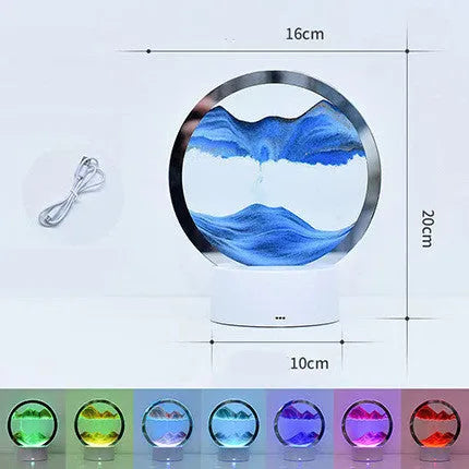 Creative 3D quicksand touch table lamp with glass shade in blue, orange, purple, or red light.