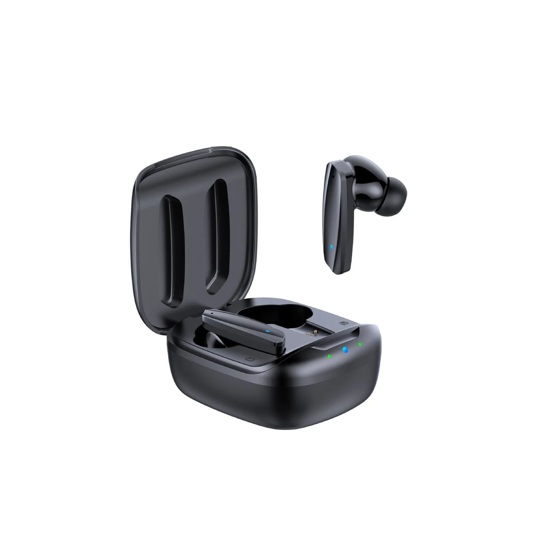 Black and white TWS Bluetooth 5.0 wireless earbuds with charging case and USB cable