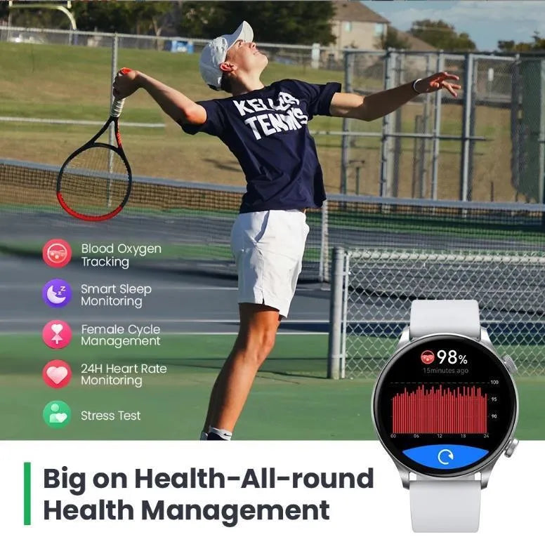 Black Bluetooth smartwatch with AMOLED display showing heart rate and blood oxygen metrics