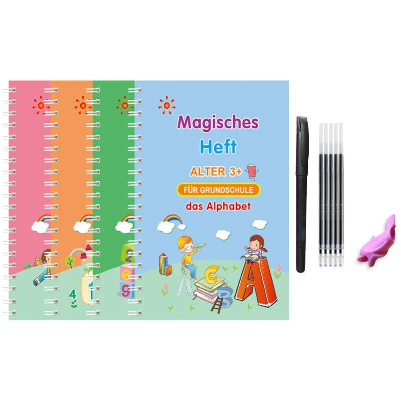 Children's Groove English Calligraphy Practice Board with Magic Stickers Copy Control Pen Training Book for Handwriting Improvement White Cardboard French German Option 4-Book Set Length 19cm