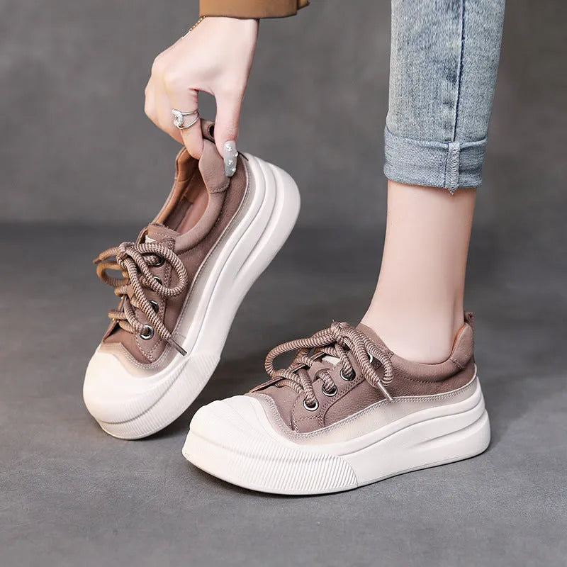 Women's yellow leather lace-up casual shoes with round toe and rubber soles
