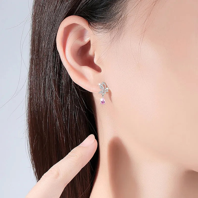 Crystal butterfly stud earrings in 925 silver, E0141 silver colour, one pair for women's pierced ears