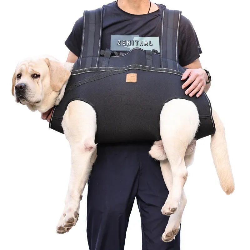Black Oxford cloth dog backpack for medium and large breeds showing soft construction