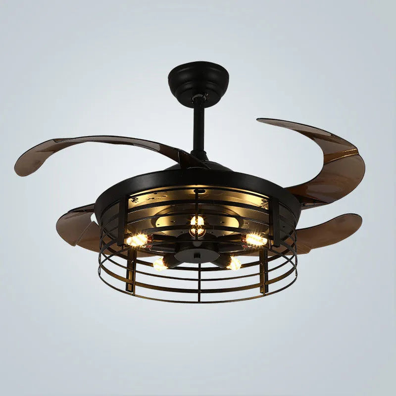 American retro styled ceiling fan lamp with integrated light and acrylic blades, shown with remote control.