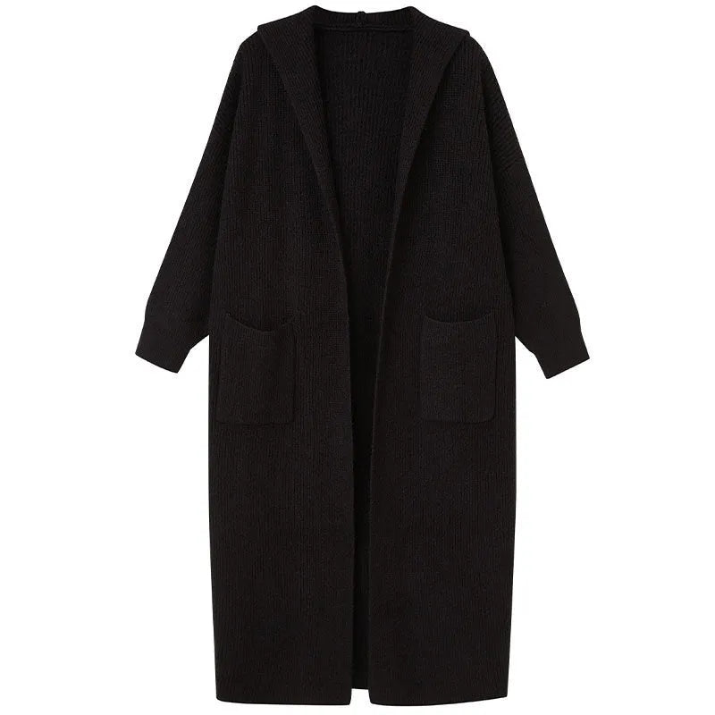 Long grey hooded knitted cardigan coat with loose fit and long sleeves.