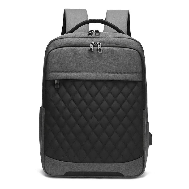 Men's Oxford cloth travel backpack in black with curved shoulder strap and diamond mesh detail