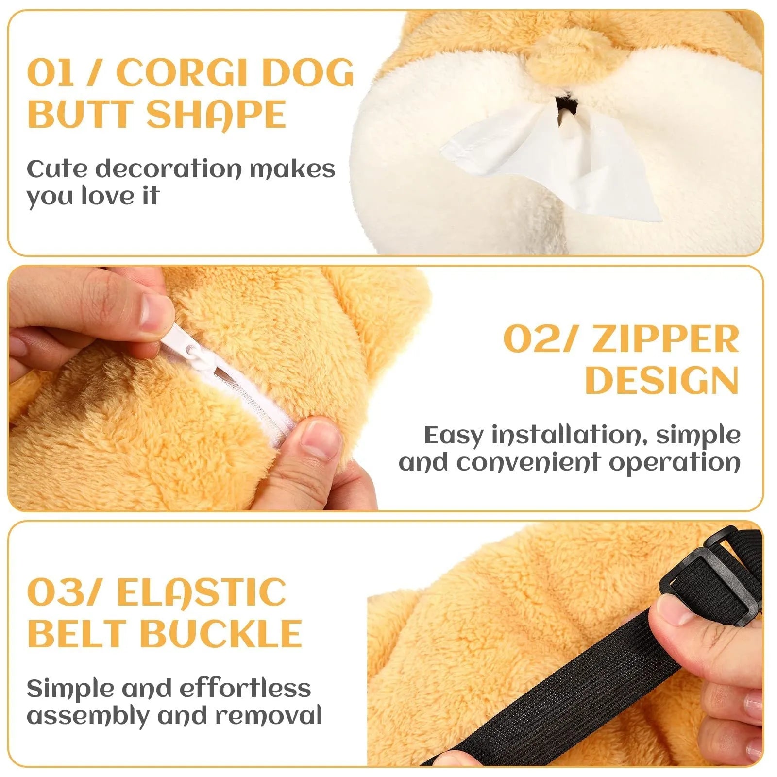Yellow soft plush Corgi butt shaped tissue box cover for car sun visor and home