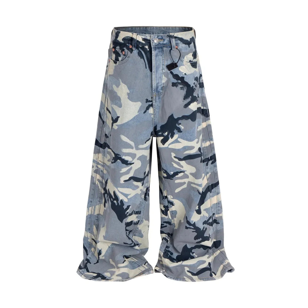Snow camouflage blue loose-fit jeans with a mid waist on a neutral background.