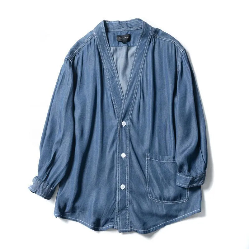 Men's dark blue casual denim coat with three-quarter sleeves and a V-neck collar.