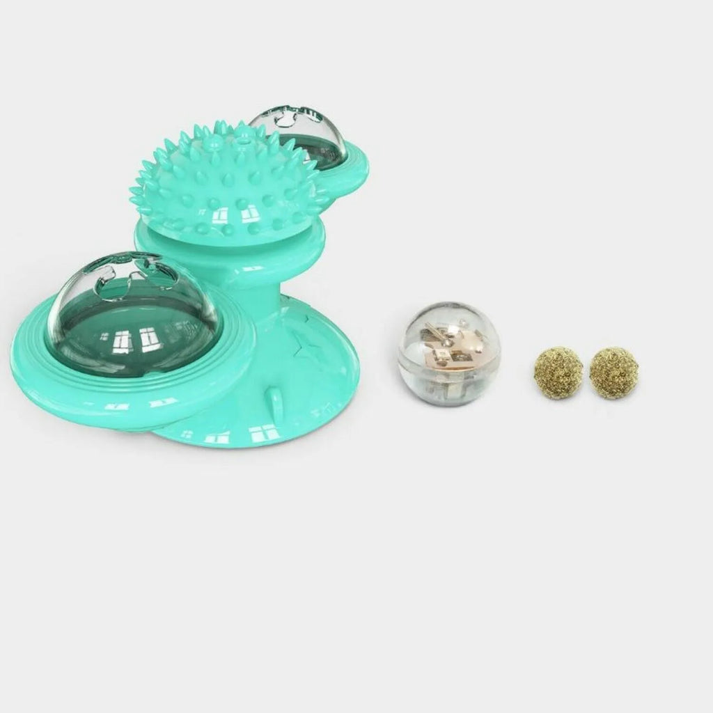 Windmill cat toy with suction cup, rotating spinner, LED ball, and catnip balls for indoor cats