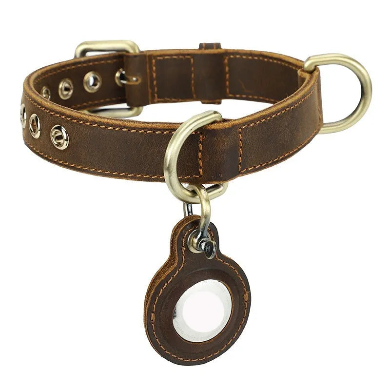 Brown genuine leather retro dog collar with a handmade halter for positioning.