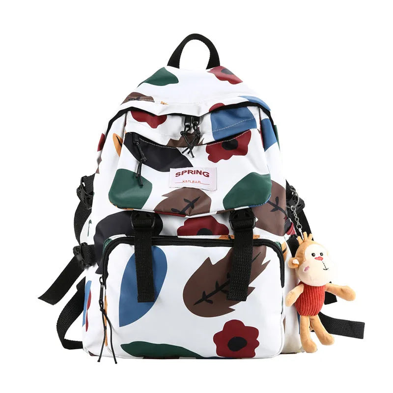 Mori style contrast colour nylon travel backpack for students, geometric pattern, black colour, 20-35L capacity