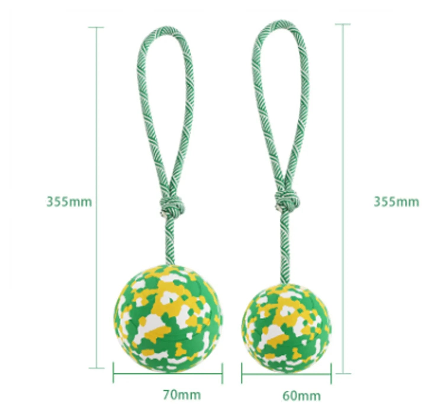 Natural rubber dog ball attached to a blue nylon rope for fetch and tug-of-war games.