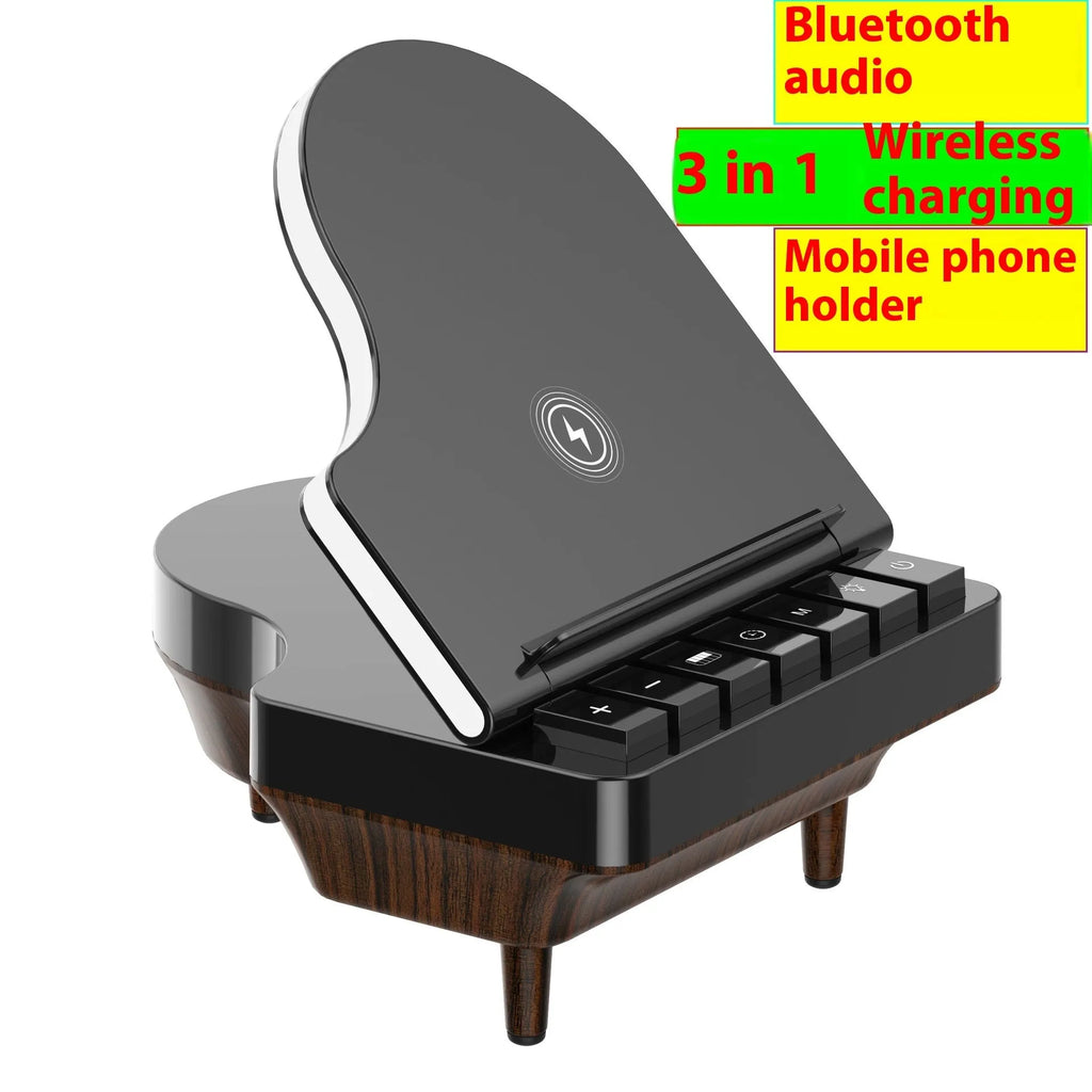 Black multi-function Bluetooth speaker with wireless charger and phone holder showing LED lighting